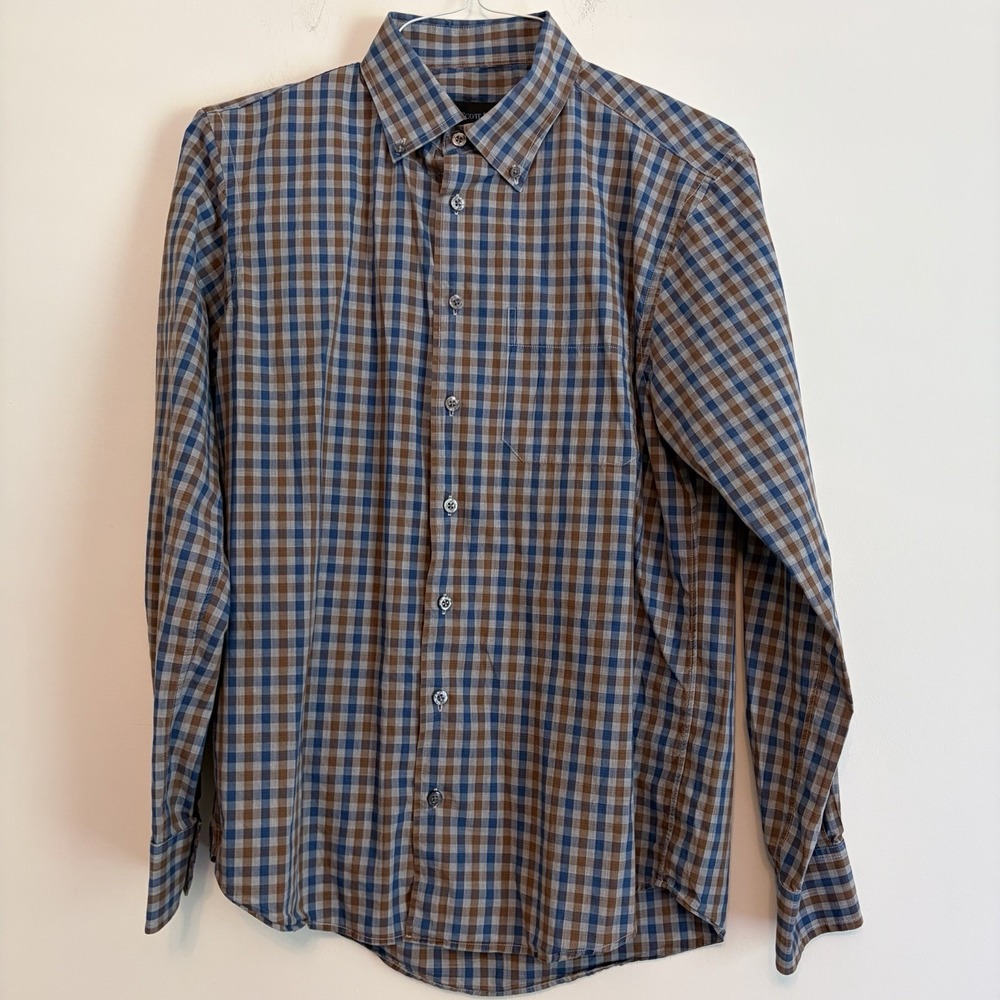 Scott Barber Medium Cotton Button down Long Sleeve Shirt Checkered Gray Brown